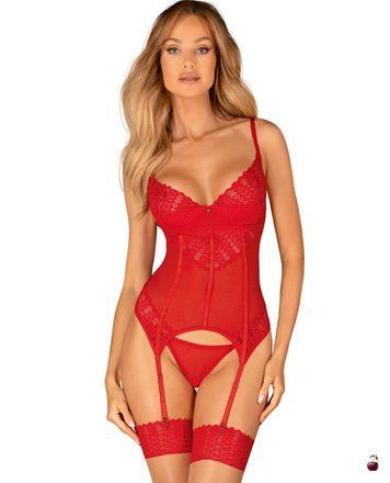 Obsessive Ingridia corset & thong XS/S, червоний. Корсет з вишивкою. SO9028 фото