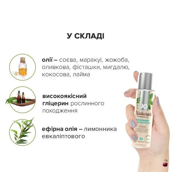 Масажна олія JO Naturals Massage Oil Peppermint & Eucalyptus з ефірними оліями (120 мл) SO6166 фото